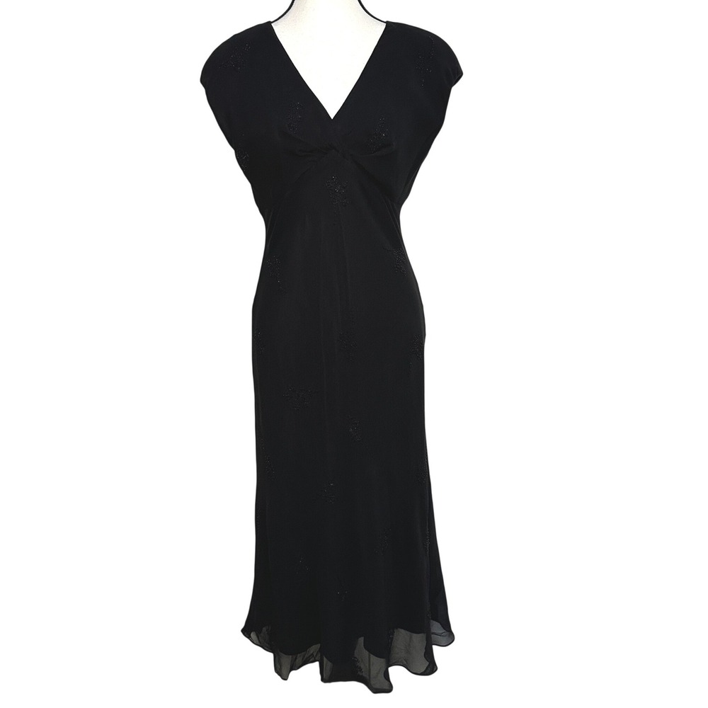 Jones New York 100% Silk Babydoll Midi Dress‎ Flattering Beaded Whimsigoth Glam